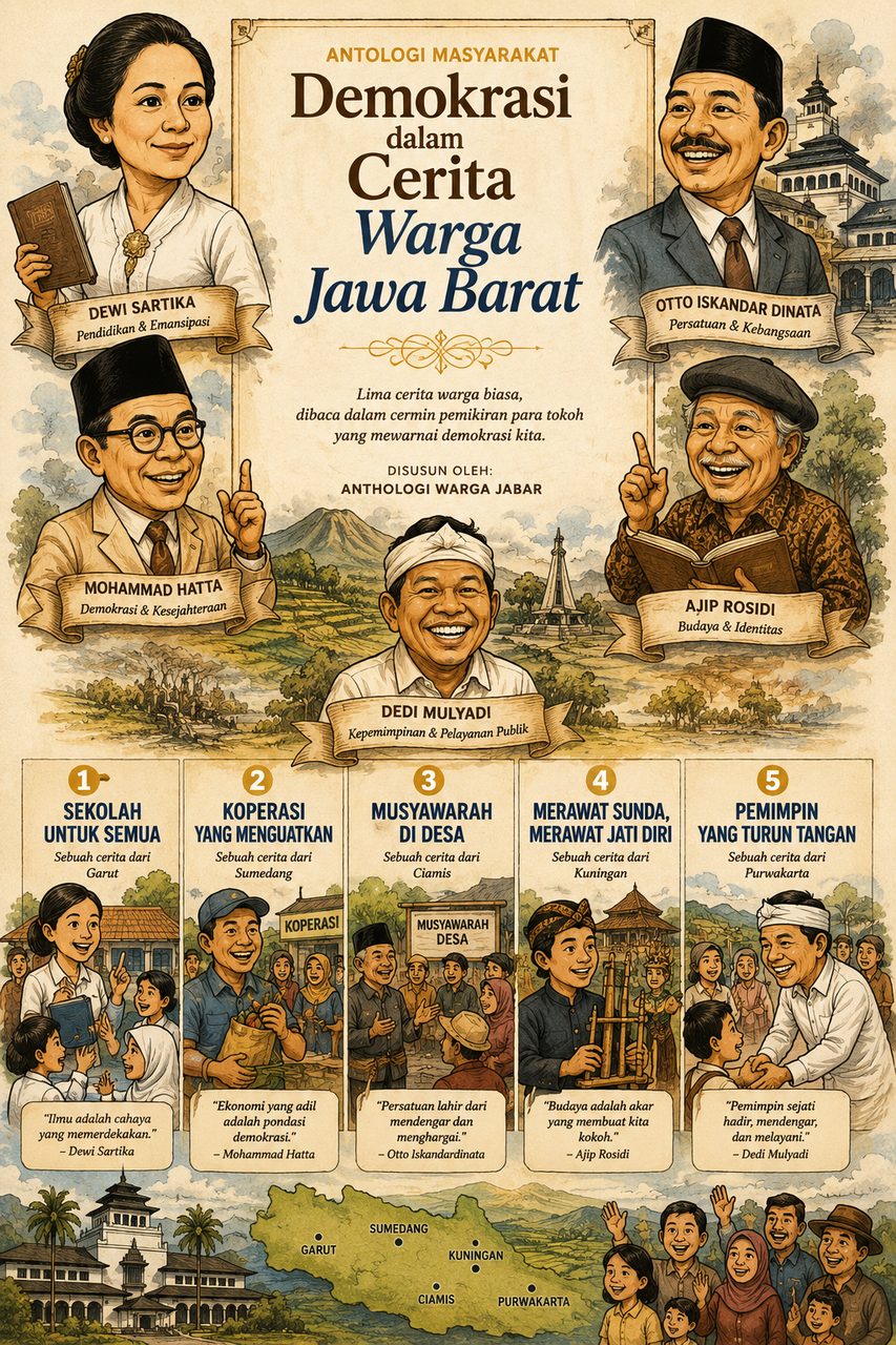Sampul antologi 'Demokrasi dalam Cerita Warga Jawa Barat' — memuat Dewi Sartika, Otto Iskandardinata, Mohammad Hatta, Dedi Mulyadi, dan Ajip Rosidi beserta lima cerita warga.