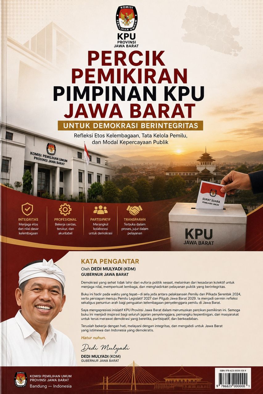 Sampul buku Percik Pemikiran Pimpinan KPU Jawa Barat untuk Demokrasi Berintegritas, dengan kata pengantar Gubernur Jawa Barat Dedi Mulyadi