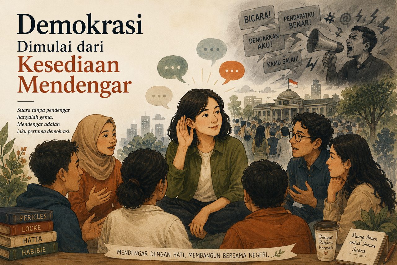 Ilustrasi untuk esai 'Demokrasi Dimulai dari Kesediaan Mendengar' — sebuah ruang sosialisasi tempat satu suara disimak dengan saksama.