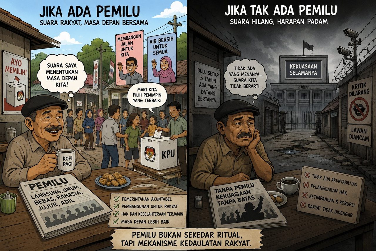 Ilustrasi dua panel untuk esai 'Apa yang Akan Terjadi Jika Tak Ada Pemilu?' — sisi kiri sebuah pagi dengan pemilu, sisi kanan negeri yang sunyi tanpa pemilu.