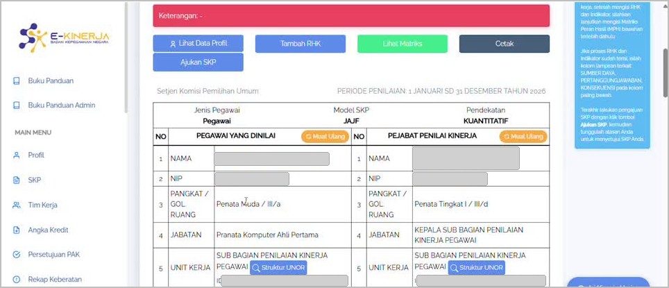 Detil SKP berisi identitas pegawai dan pejabat penilai (disamarkan).
