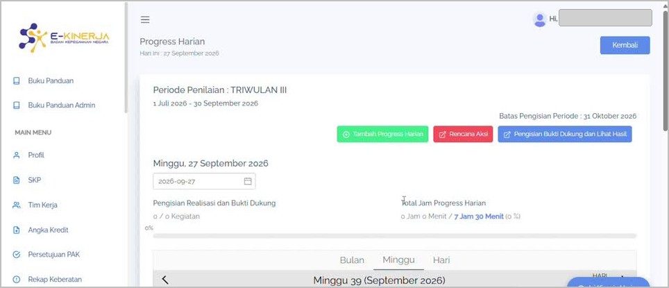 Halaman Progress Harian periode Triwulan III.