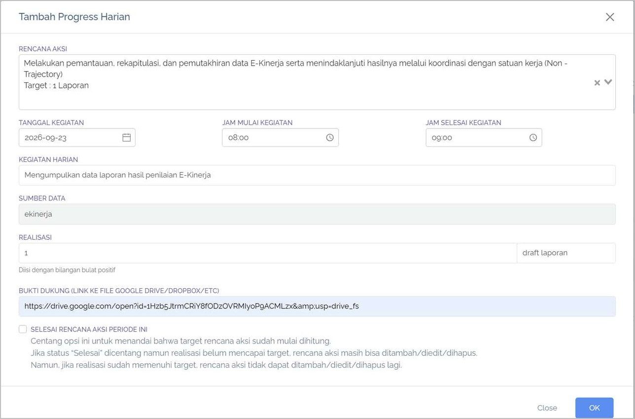 Formulir Progress Harian Non-Trajectory dengan ceklist Selesai.