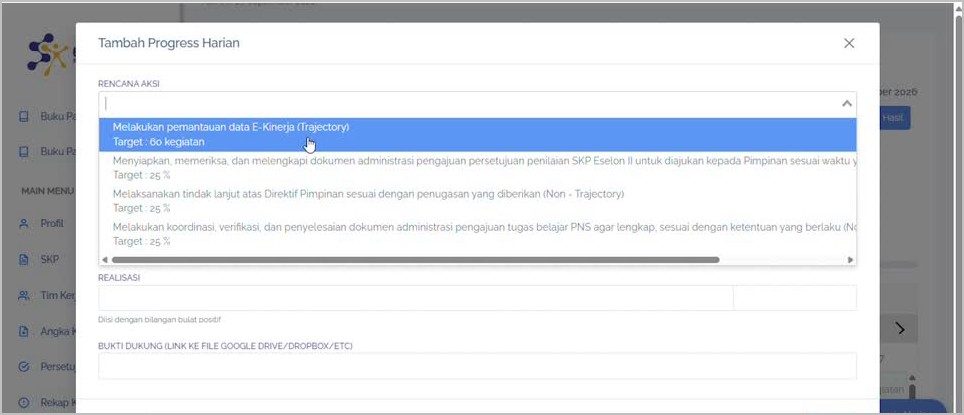 Memilih Rencana Aksi pada formulir Progress Harian.